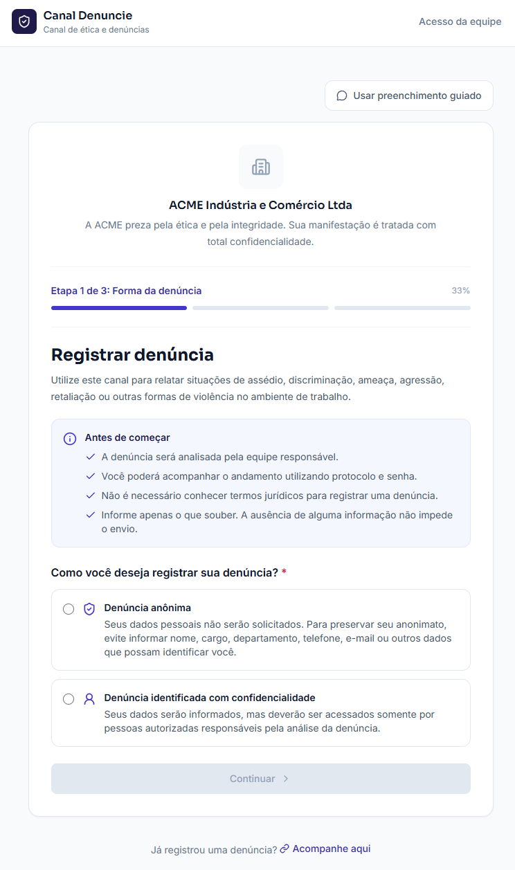 Tela pública ou formulário de denúncia